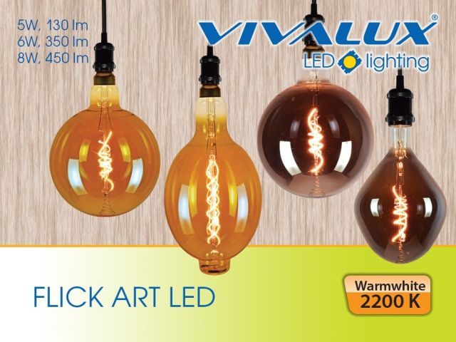 Decorative LED lamps with flexible filament and amber or smoked glass flask